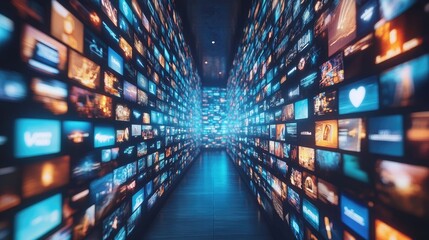 A long blue wall with many screens showing different images. The screens are arranged in a way that they are all overlapping each other. Scene is chaotic and busy, with a sense of information overload