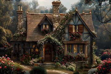 Fototapeta premium Charming Countryside Cottage Surrounded by Blooming Flowers in a Serene and Idyllic Setting