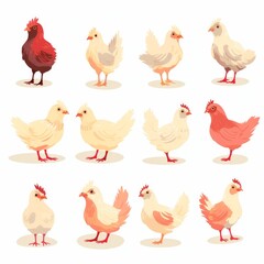 Colorful Illustration of Chickens in Various Positions - Perfect for Farm and Agriculture Designs, Educational Materials, and Children's Books