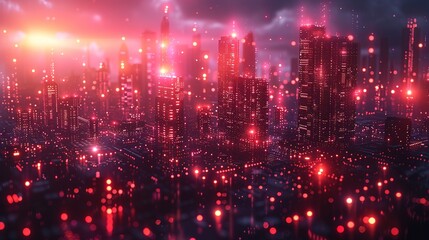 Obraz premium Futuristic red city skyline with glowing lights.