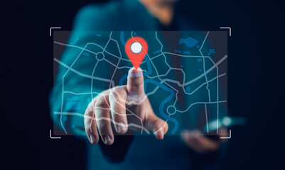 Businessman finger pin for location points and search addresses on the world map application....