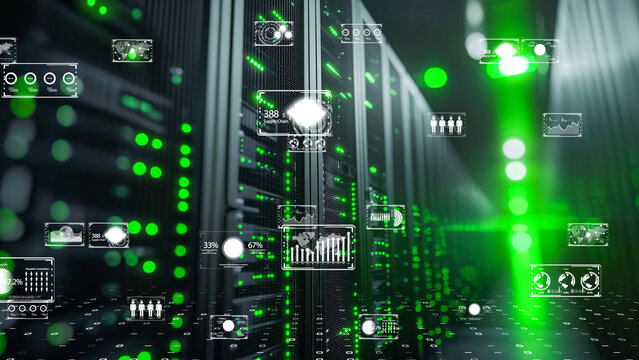 Futuristic server room with a transparent globe and digital information overlays