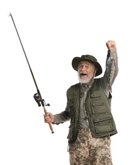 Fisherman with rod and catch on white background