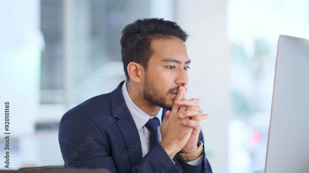 Poster Frustrated data scientist struggling with fatigue and feeling the pressure to hit his deadline. Stressed web developer suffering with mental block while trying to code on a computer in his office.