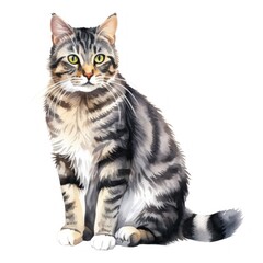 Fototapeta premium Watercolor Illustration of a Tabby Cat with Green Eyes for Posters and Greeting Cards
