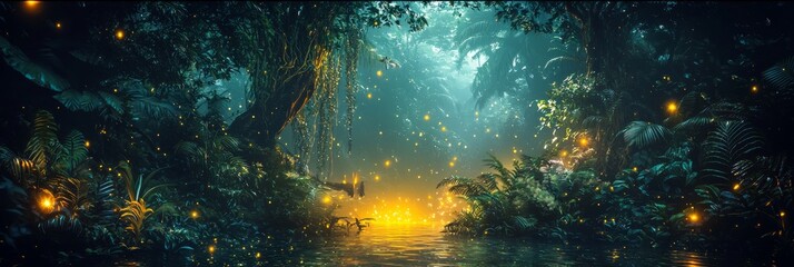 Night jungle banner design, fireflies, glowing eyes, nocturnal activities, mystical rainforest