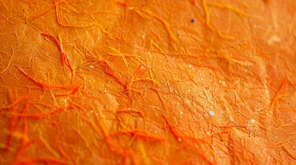 A closeup of a vibrant orange craft paper highlighting its gritty texture and subtle speckles of...