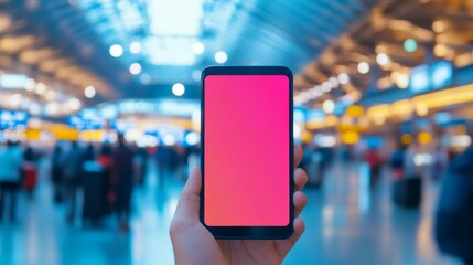 Obraz premium Insured Travels: Smartphone App Displaying Coverage Details in Vibrant Airport Setting