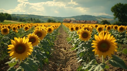 Obraz premium Sunflower Symphony A Golden Sea of Blooms Gently Bowing Under Natures Weight Capturing the Essence of Serenity and Resilience in a Vibrant Landscape
