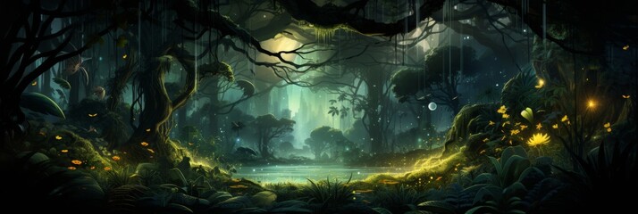 Night jungle banner design, fireflies, glowing eyes, nocturnal activities, mystical rainforest