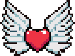 Fototapeta premium Red Heart With White Angel Wings 8-bit Pixel Art: Romantic power-up item or extra life sprite asset perfect for indie game developers, streamer UI elements, and retro-themed Valentine designs