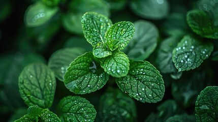 Close-up of vibrant green mint leaves with water droplets. Fresh, lush, and invigorating.