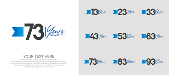 anniversary logotype set. black number and blue ribbon for celebration