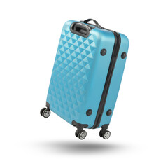 Light blue suitcase in air on white background