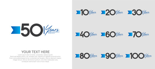 anniversary logotype set. black number and blue ribbon for celebration