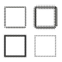 Spiked square frames. Four distinct designs. Black detailed outlines. Vector illustration.