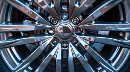 An upclose look at a silver brushed alloy wheel revealing the intricate etchings and patterns that give this wheel a unique and eyecatching design.
