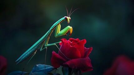 Praying mantis standing on a red rose with its front legs raised.