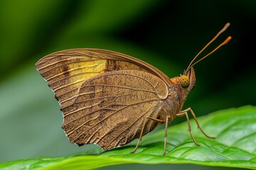 Fototapeta premium Butterfly Camouflage, Brown butterfly blending with a leaf, Nature's disguise.