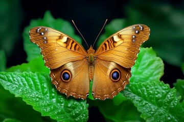 Obraz premium Butterfly with Eye Spots, Orange butterfly with distinctive eye patterns on green leaves, Nature's art.