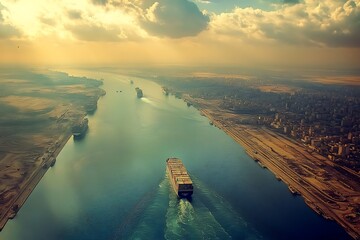 Aerial View of Suez Canal with Ships and Cityscape