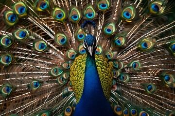 Fototapeta premium Peacock The iconic male peacock's plumage, with its shimmering blues and greens, is a true marvel of nature.