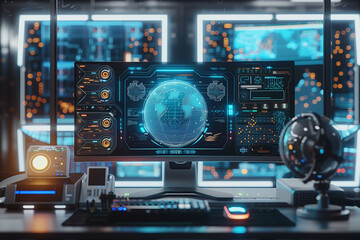 Fototapeta premium Conference room with a futuristic design meeting with international executives. Command room monitoring data on earth map