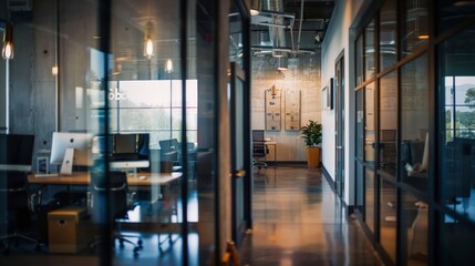 A business office with a wall of inspirational quotes and achievements, motivating employees.