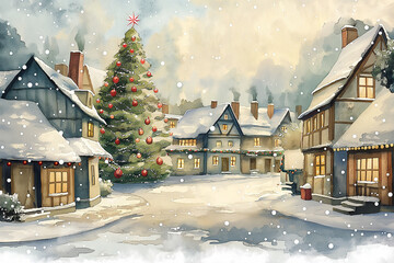 Fototapeta premium watercolor painting of snow covered houses, chirstmas decorations, winter and christmas concept