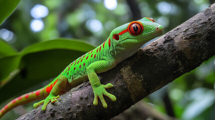 Fototapeta premium Detailed view of a Madagascar Giant Day Gecko (Phelsuma grandis) resting on a tree branch, highlighting its vivid green coloration and distinctive markings. A striking example 