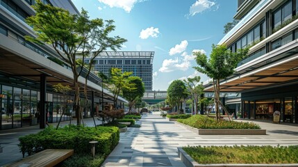 Fototapeta premium A cityscape with a focus on innovative public spaces, where buildings are designed to create inviting and functional environments.
