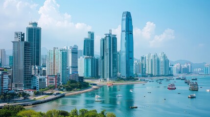 A coastal city where modern skyscrapers and historic buildings coexist harmoniously.