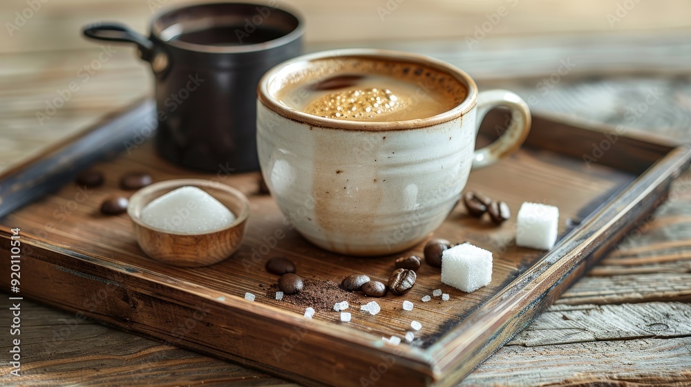 Sticker A coffee cup placed on a wooden tray with a small pot of cream and sugar cubes.