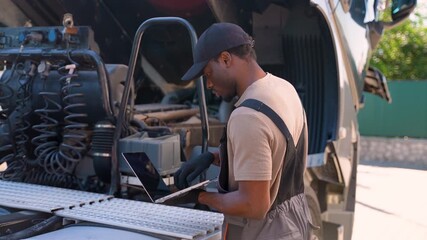 African American mechanic using laptop while working at truck repair workshop - Powered by Adobe
