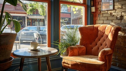 Fototapeta premium A coffee shop corner with a plush armchair, a small table, and a cup of coffee by the window.