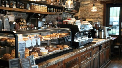 A coffee shop counter with a display case of pastries and baked goods next to the espresso machine