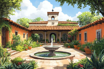 Illustration of a Mexican hacienda with a courtyard and fountain.