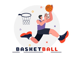 Fototapeta premium Happy Young Man Playing Basketball Vector Illustration Wearing a Basketball Uniform on an Court for Tournament in a Flat Style Design Background
