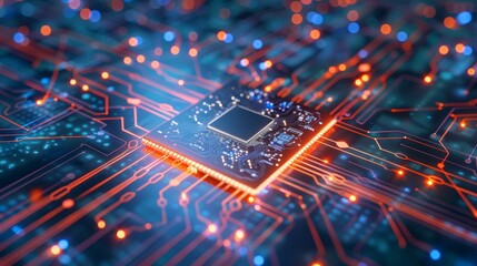 Microchip with Glowing Circuitry on Motherboard