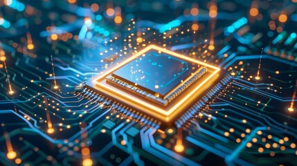 Glowing futuristic microchip on a circuit board