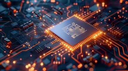 High-Tech Microchip with Orange Circuit Connections