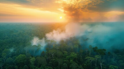 Fototapeta premium Aerial view of rainforest with rising smoke