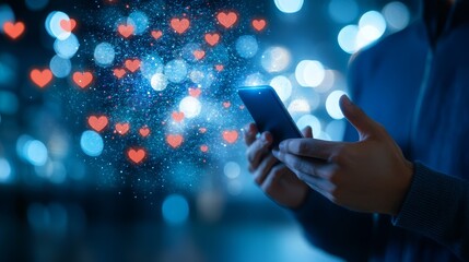 Online dating app with glowing heart icons