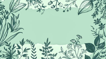 Hand-Drawn Botanical Frame with Green Background and Various Plant Illustrations
