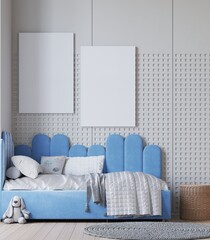 cute blue tone kids bedroom background with wall poster mockup. 3d rendering