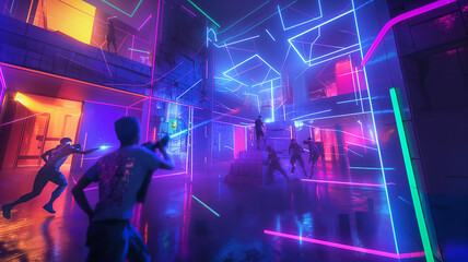 Laser Tag Adventure: Boys in a Bright Neon-Infused Room
