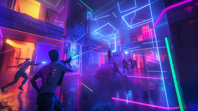 Laser Tag Adventure: Boys in a Bright Neon-Infused Room
