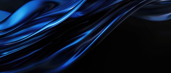 Abstract dark blue, glossy, wavy lines on black background.