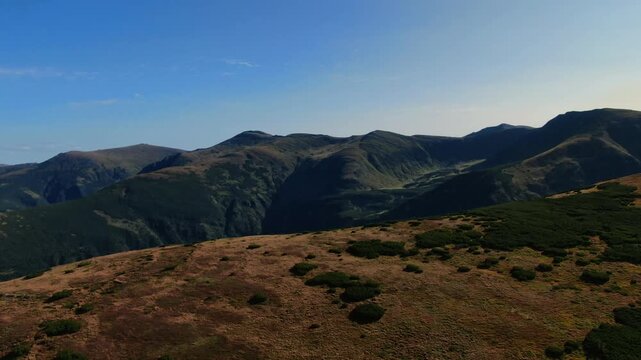 Hoverla (Goverla) the highest peak of the Ukrainian Carpathian mountains. Aerial drone view. Panoramic nature landscape of a valley, forest and hiking trails for travelers. Trekking outdoors.