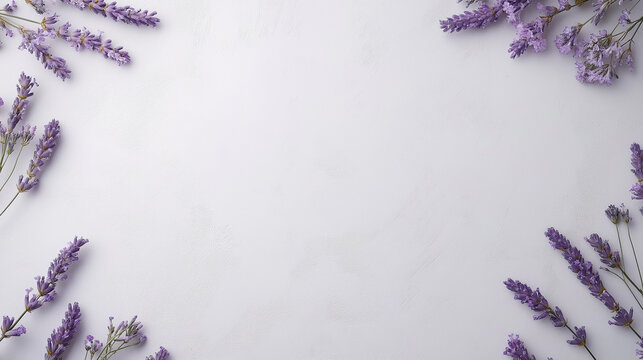 border frame lavender flower on white table from above vector, minimalist, soft shadows, 8k, advertisement, white background.